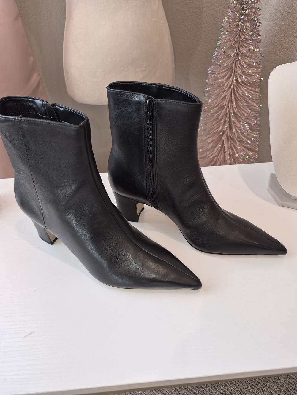 Black Pointed Leather Ankle Booties with Side Zip